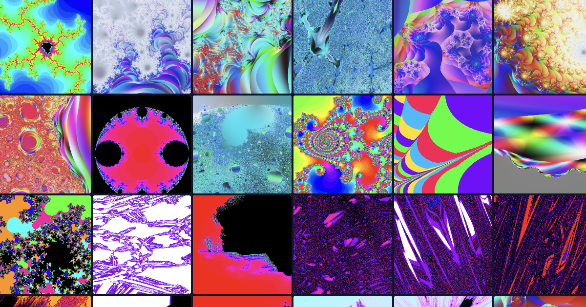 Eighteen fractals in a six by three grid.