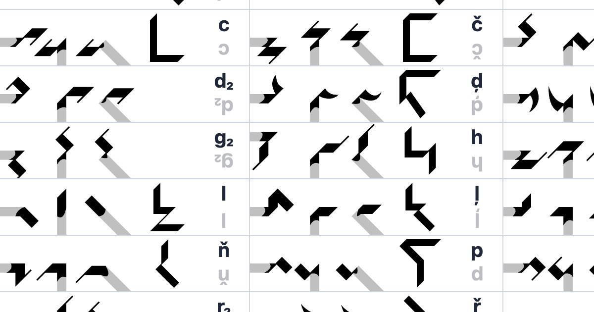 A screenshot of the Ithkuil Script Cheat Sheet showing the extensions and core shapes for the letters C, Č, D2, Ḑ, G2, H, L, Ļ, Ň, and P.